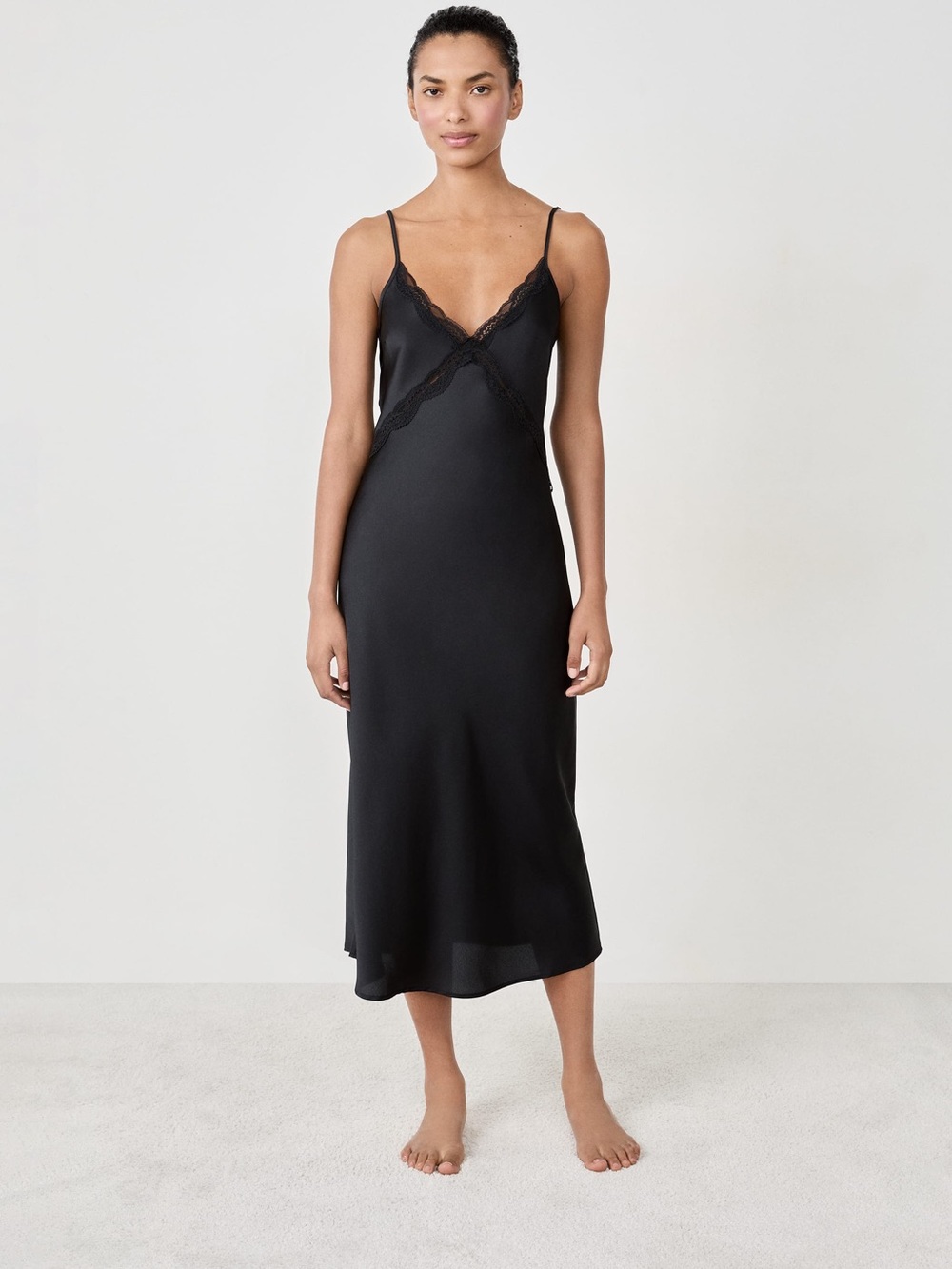 Etam Reny Black Satin Lace Midi Nightdress Size L